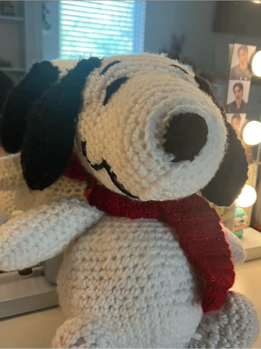 Handmade White Crochet Snoopy-Style Plush with Red Scarf